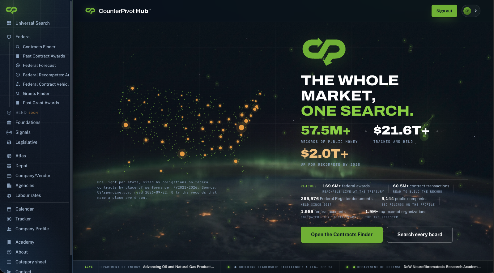 CounterPivot Hub market intelligence dashboard with a national funding map and public-money records
