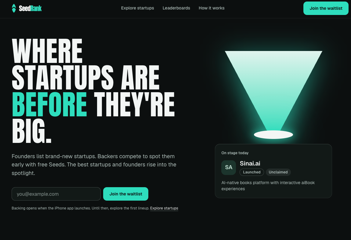 SeedRank website in its original teal branding, introducing early startup discovery and the iPhone app waitlist